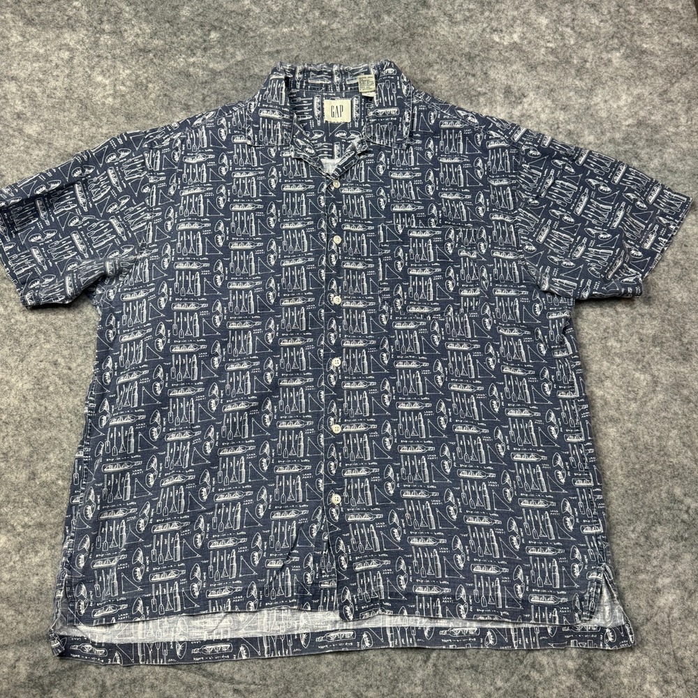 VTG Gap‎ Shirt Mens Large Blue Nautical Ship Bottle Linen Blend Button Up Travel